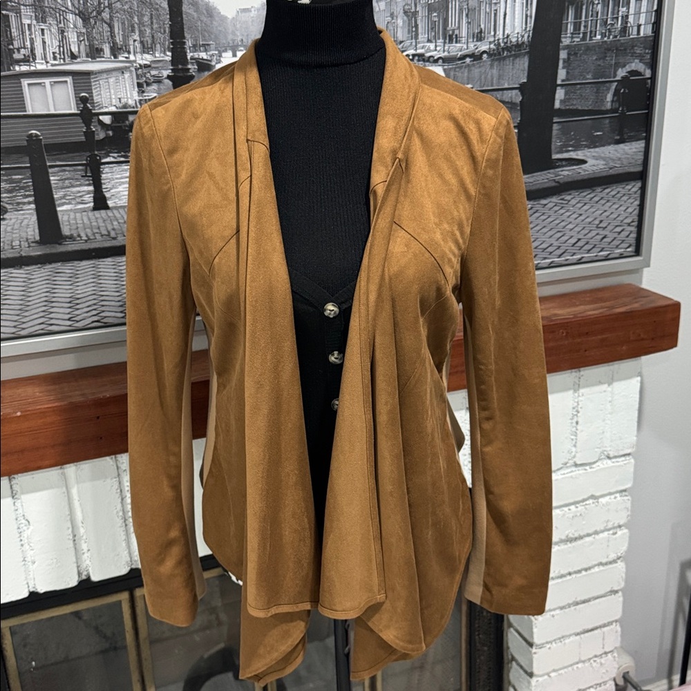 Caché Women's Brown Drape Front Blazer stretch brown large faux suede - Picture 4 of 5
